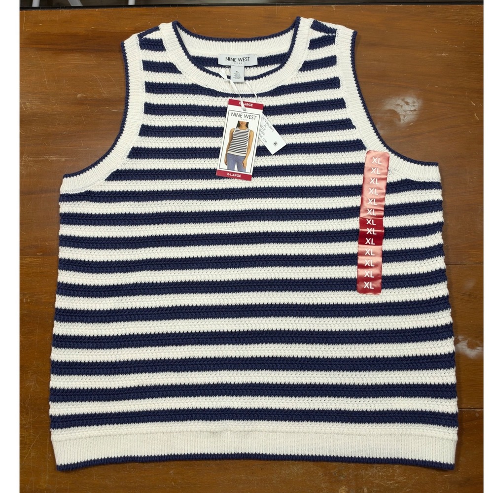 NWT Nine West Tank Top Women XL Blue New Striped Knit Sleeveless SDNWS3341-BLU
